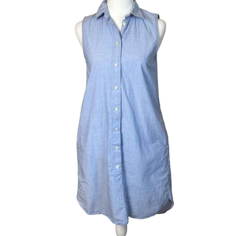 J Crew Sleeveless Oxford Blue Button Down Sleeveless Dress XS No Belt Preppy‎